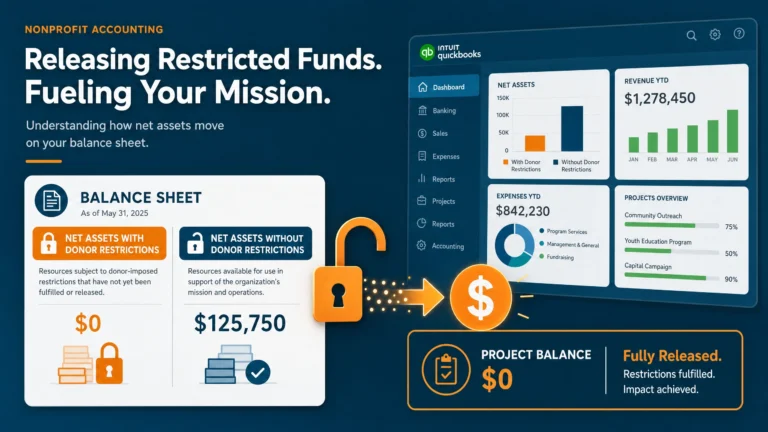 Nonprofit balance sheet showing Net Assets With Donor Restrictions and Net Assets Without Donor Restrictions in QuickBooks Online