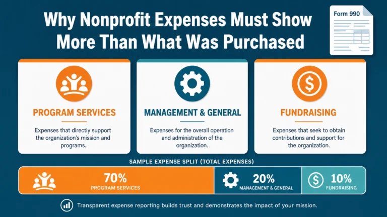 Infographic showing the three nonprofit functional expense categories: Program Services, Management and General, and Fundraising, with a sample expense split and Form 990 reference